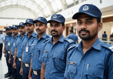 Professional security guard wearing
custom uniform with cap and logo
branding